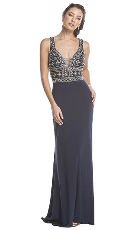 Trevi Collection - Plunging Embellished Evening Gown