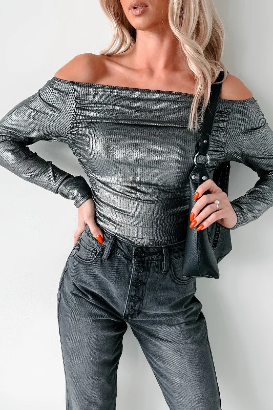 Midnight Magnetism Off The Shoulder Metallic Bodysuit (Galaxy Black)