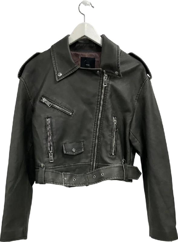 MANGO Grey Faux Leather Belted Biker Jacket UK M