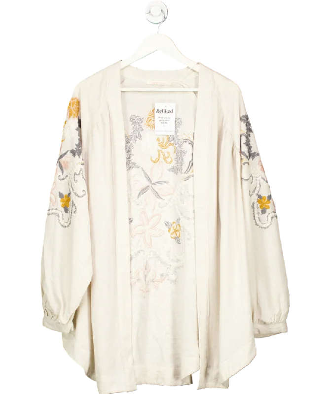 Jan & Nova Beige Floral Embroidered Kimono Shirt One Size