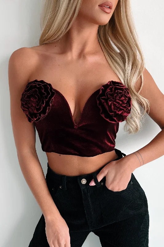 Rose To The Occasion Velvet Rosette Crop Top (Wine)