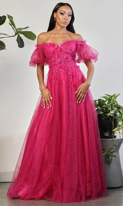 May Queen MQ2033 - Puff Sleeve Off Shoulder Evening Dress