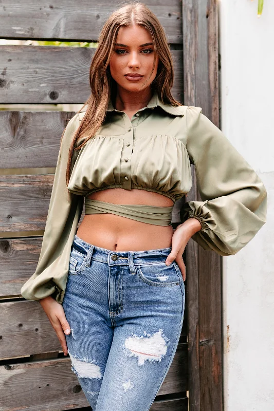 Elowen Silk Button Down Collared Crop Top (Olive)