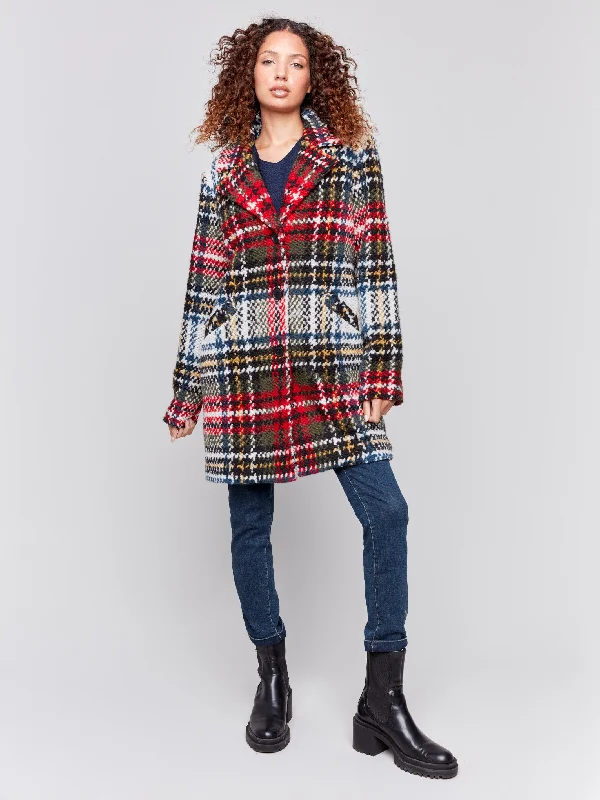 Straight Cut Plaid Bouclé Knit Coat - Cranberry