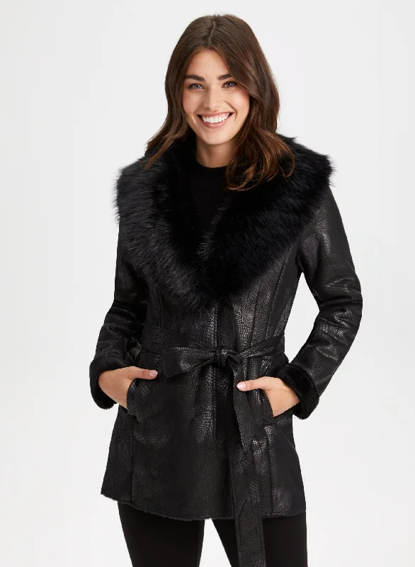 Embossed Faux Shearling Coat