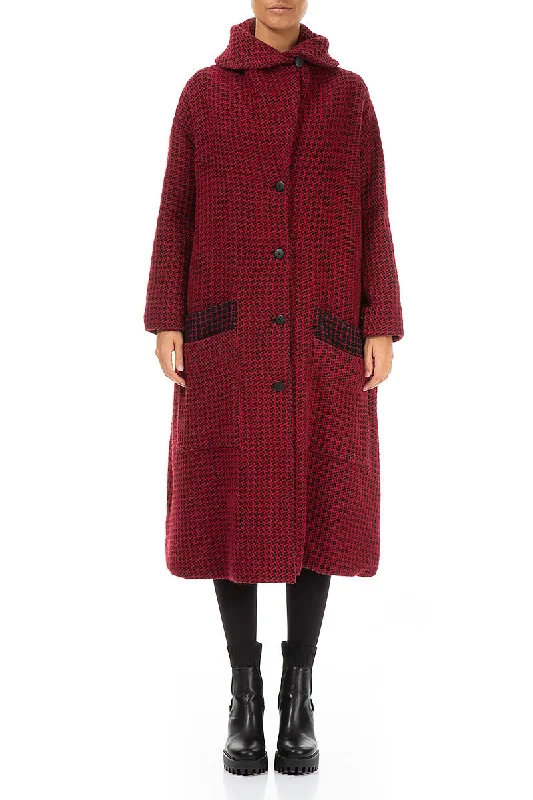 Red Patterned Wool Swing Coat