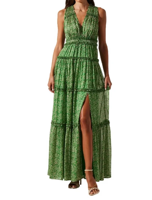 Plunge Tiered Ruffle Maxi Dress In Green Pink Floral