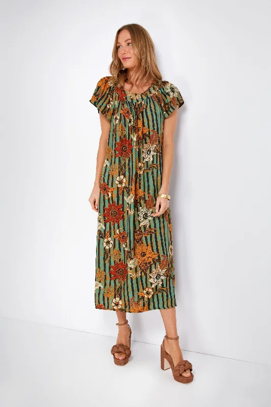 Green Sunflower Stripe Print Moss Sienna Midi Dress