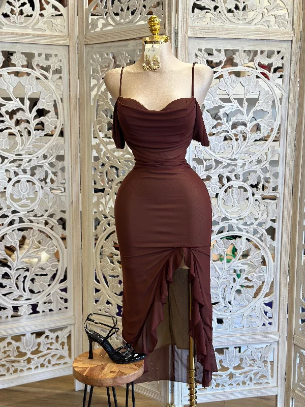 Brown Mesh Off Shoulder Ruffled Midi Dress - Estira, Stretchy