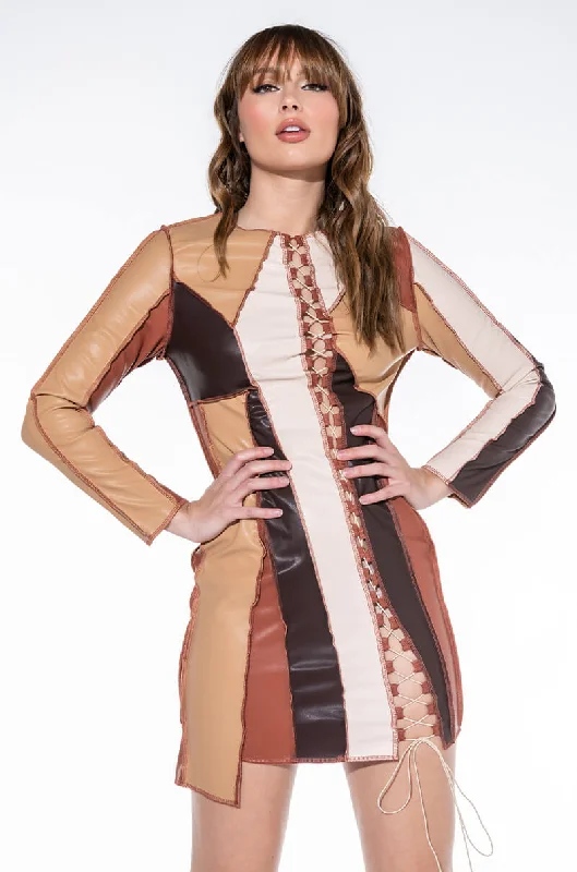 BETTER FOR IT FAUX LEATHER PATCHWORK MINI DRESS