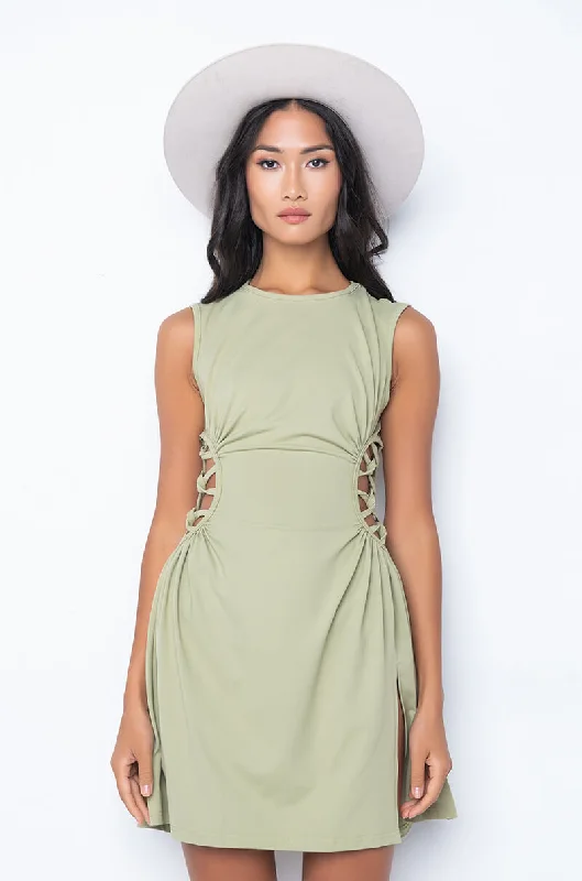 CAUGHT UP IN THE TWIST MINI DRESS WITH SLIT OLIVE