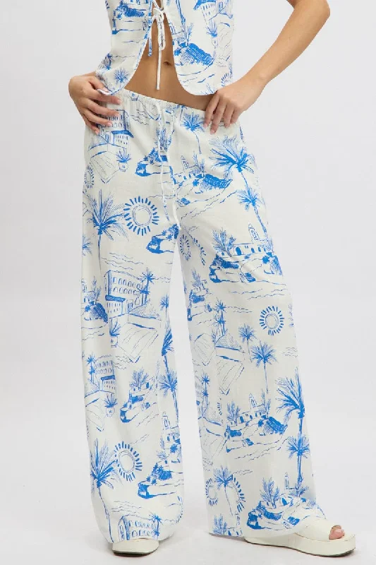 Blue Abstract Wide Leg Pants High Rise