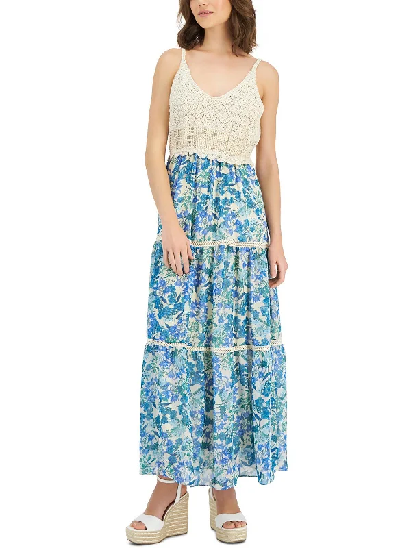 Womens Floral Print Crochet Maxi Dress