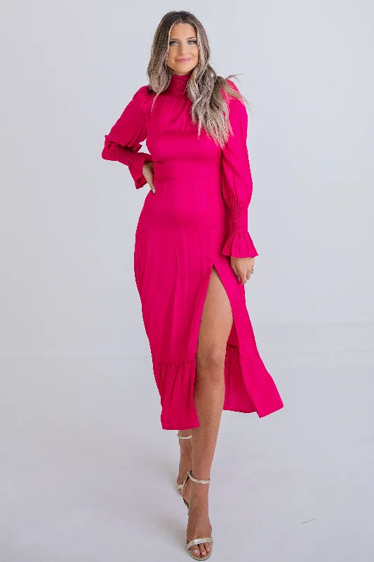 Solid Smock Neck Midi Dress in Fuchsia