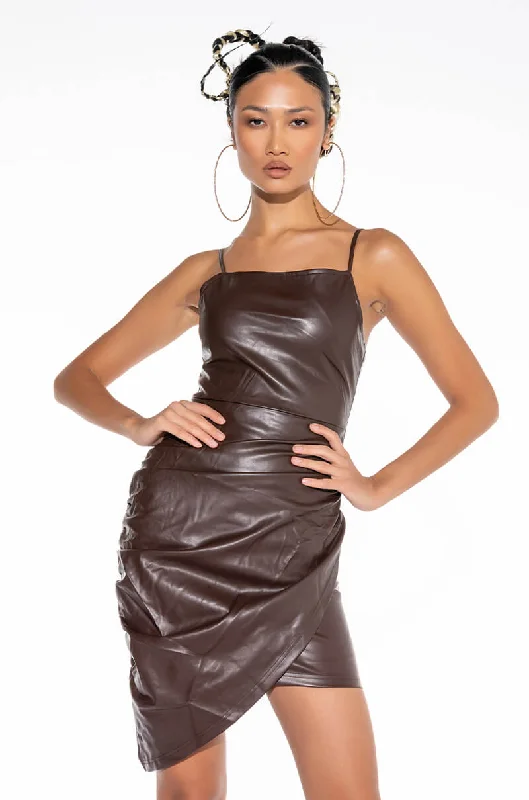 ANTHEM FAUX LEATHER MINI DRESS CHOCOLATE