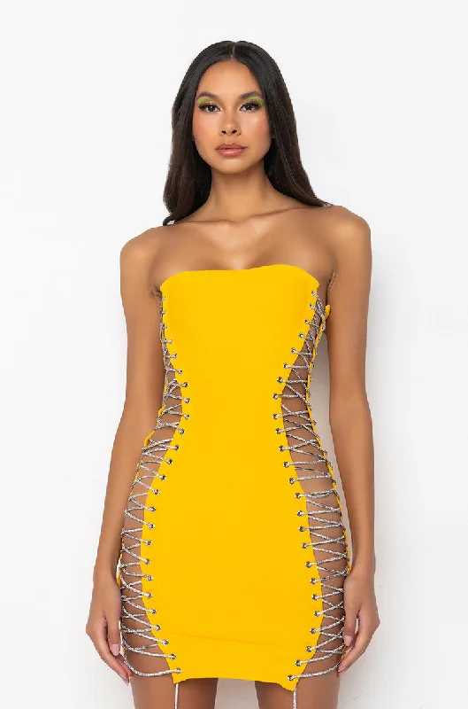 ALL THE RIGHT PLACES BANDAGE MINI DRESS YELLOW