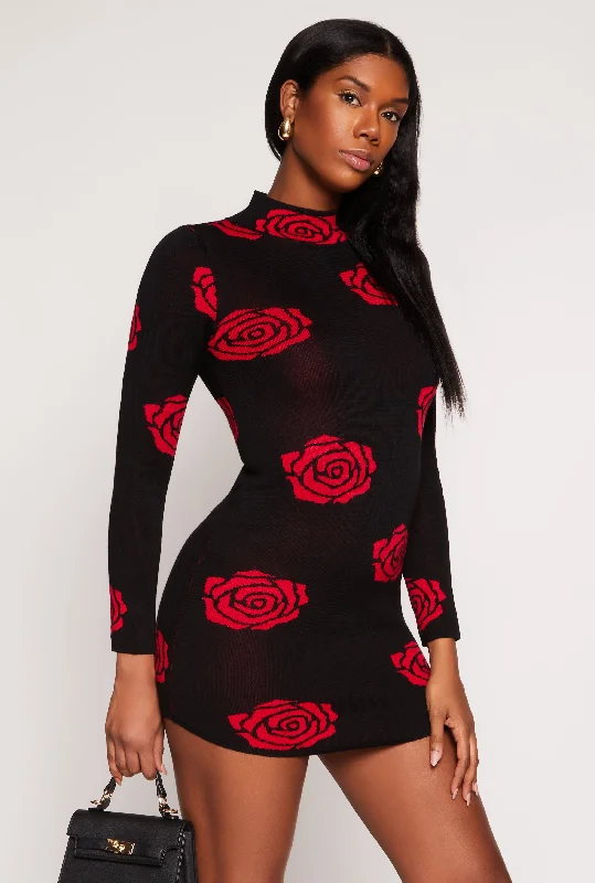 Rose Print Mini Sweater Dress