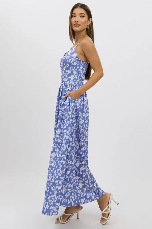 Blue Ditsy Maxi Dress V-Neck