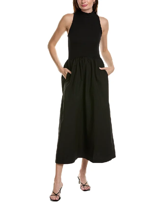 Stateside Structured Poplin Mixed Media Mock Neck Maxi Dress