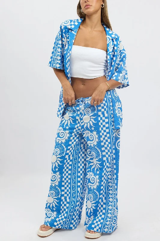 Blue Abstract Wide Leg Pants High Rise