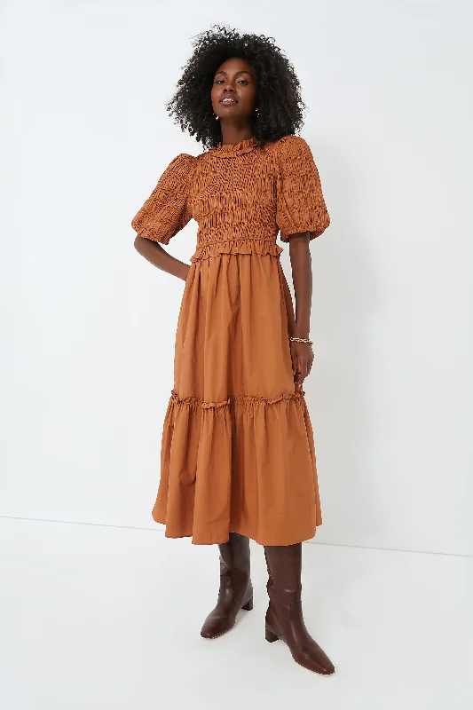 Exclusive Caramel Bubble Sleeve Smocked Midi Dress