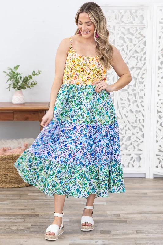 Emerald Tiered Multicolor Printed Midi Dress