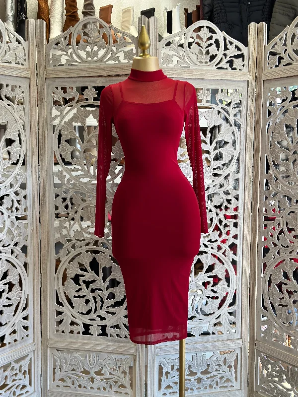 Red Mesh Mock Neck Midi Dress