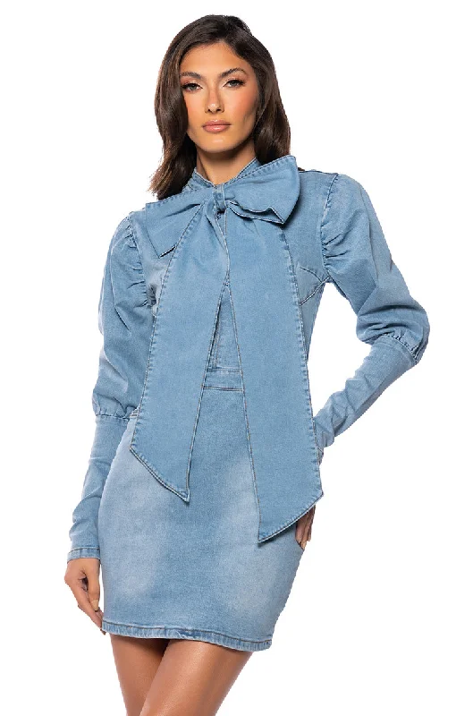 TAKE A BOW DENIM LONGSLEEVE MINIDRESS