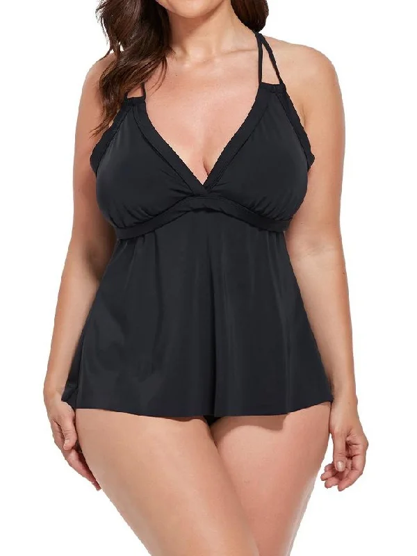 Black V-neck Loop Strap Black Tankini Set