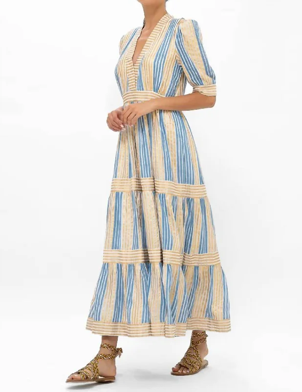 V-Neck Cuffed Maxi Dress In Blue/gold