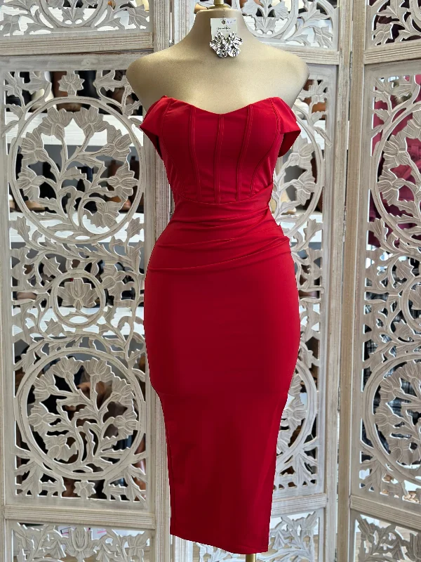 Red Corset Off Shoulder Midi Dress Stretchy