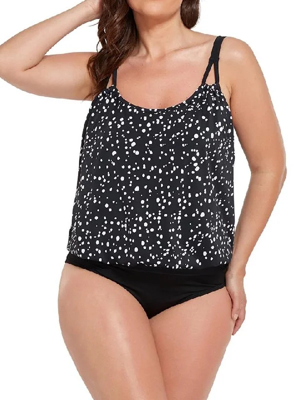 Black White Dot Loop Strap Blouson Tankini Set