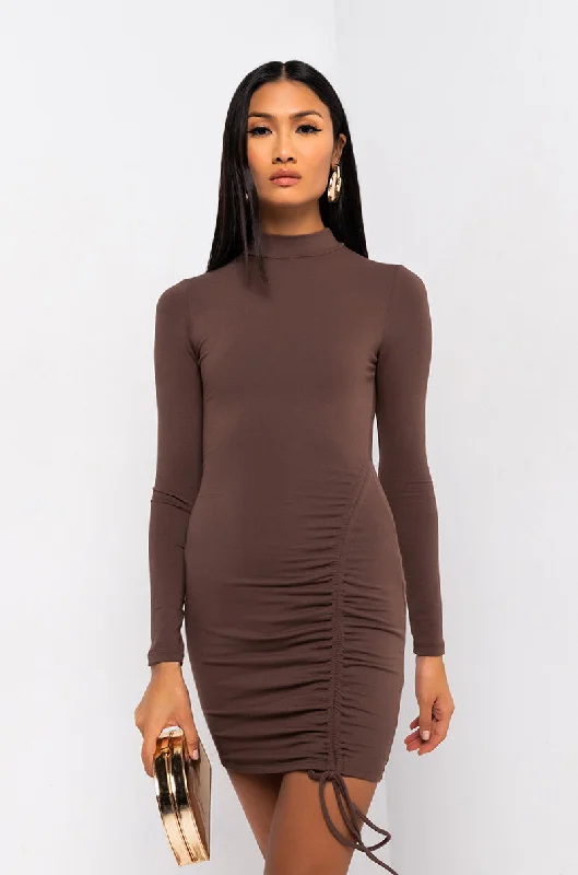 GET ON MY LEVEL LONG SLEEVE DRAWSTRING MINI DRESS BROWN