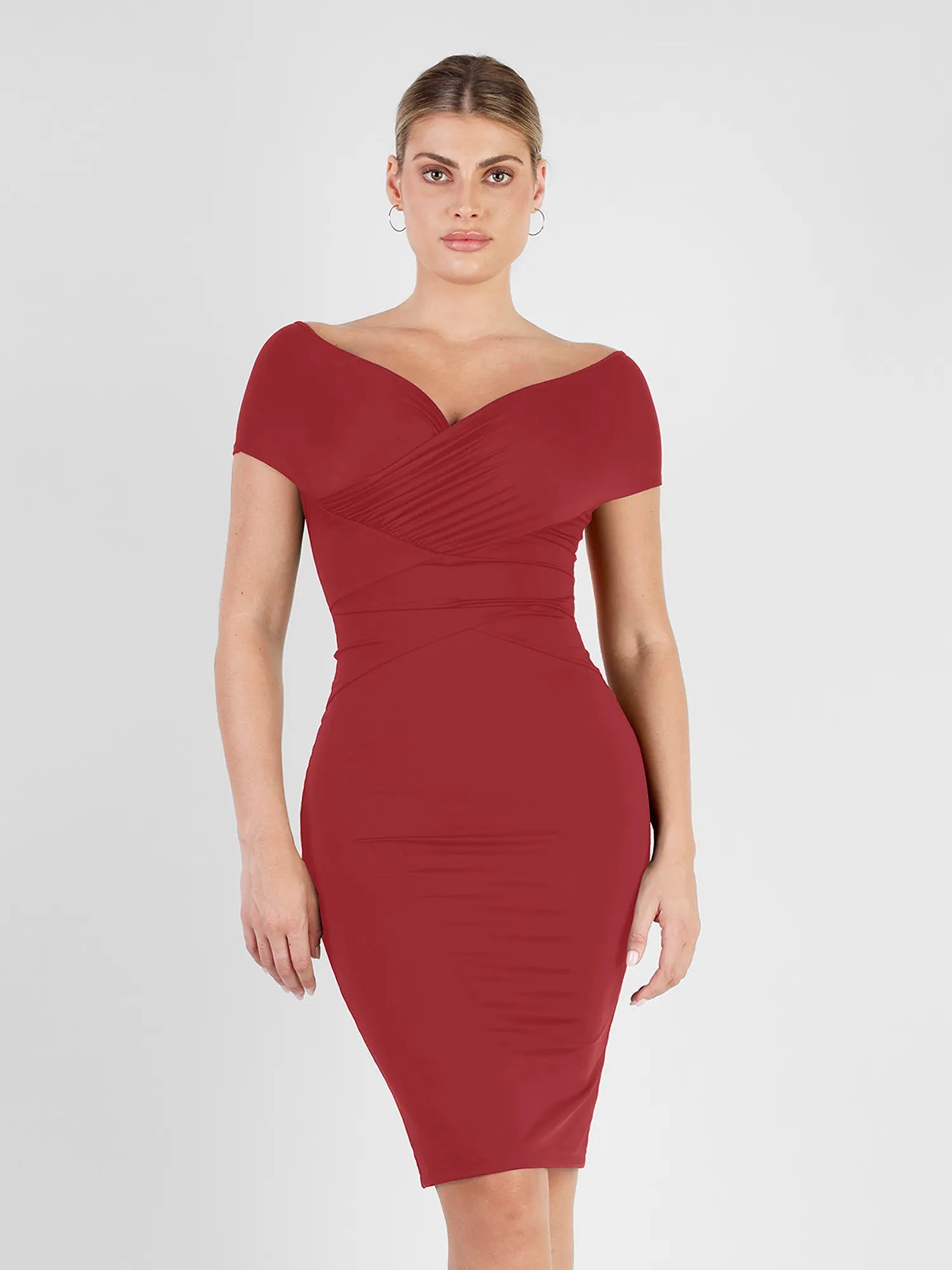 Shapewear Ruched Off-Shoulder Sculpting Midi Dress