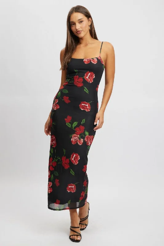 Black Floral Bodycon Dress Maxi Mesh