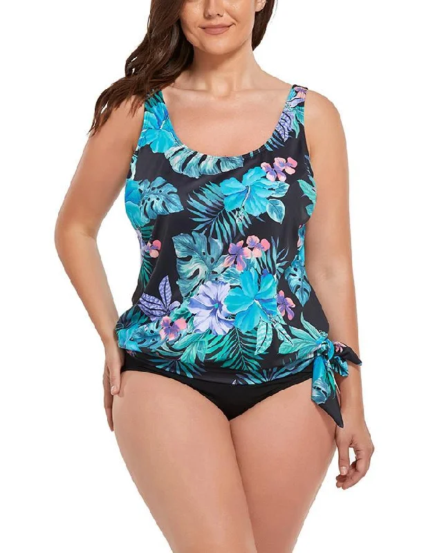 Blue Green Palm Side Tie Blouson Tankini Set