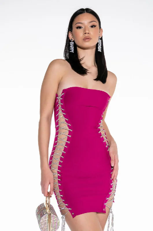 ALL THE RIGHT PLACES BANDAGE MINI DRESS DARK PINK