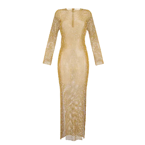 Santa Brands Metallic Gold Champagne Splashes Diamond Maxi Dress One Size