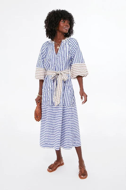 Tan and Blue Stripe Combo Sun Mesa Midi