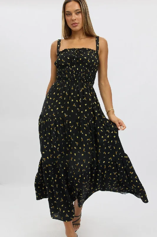 Black Ditsy Maxi Dress Strappy Tiered