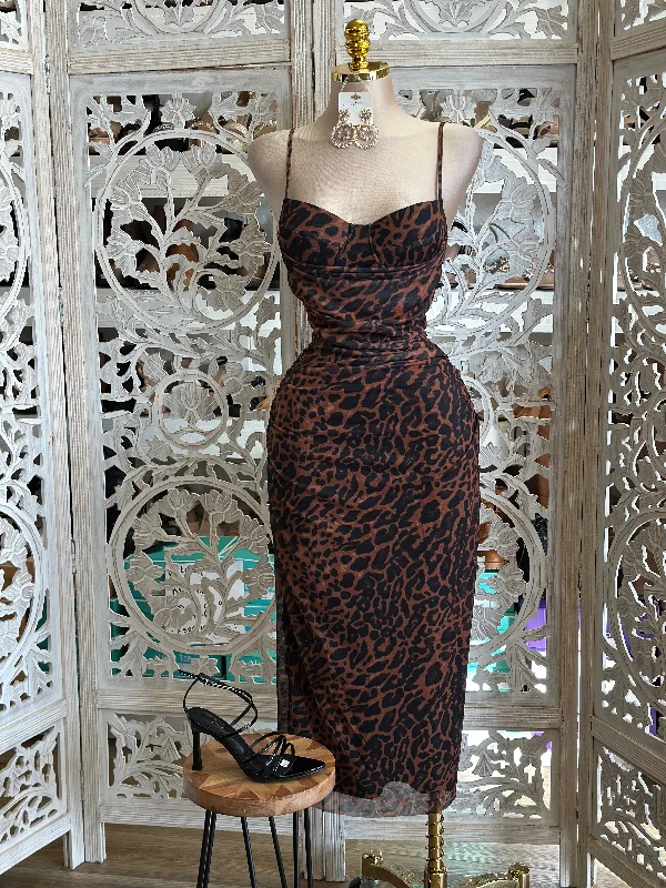 Leopard Print Cami Midi Dress- Stretchy,Estira