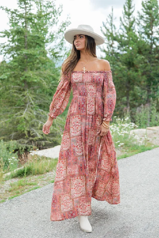 Sounds In My Mind Brick Off The Shoulder Printed Maxi Dress FINAL SALE