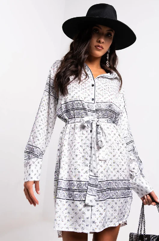 GONE WITH THE WIND LONG SLEEVE BANDANA PRINTED MINI DRESS WHITE