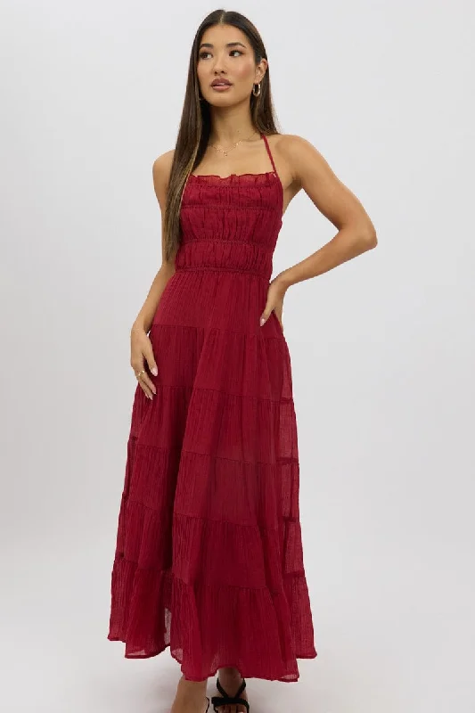 Red Maxi Dress Tiered Backless