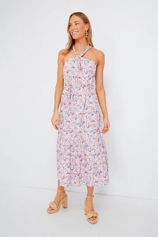 Pink Halter Neck Floral Medouie Midi Dress