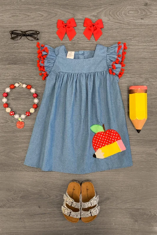 Apple Pom Pom Chambray Dress