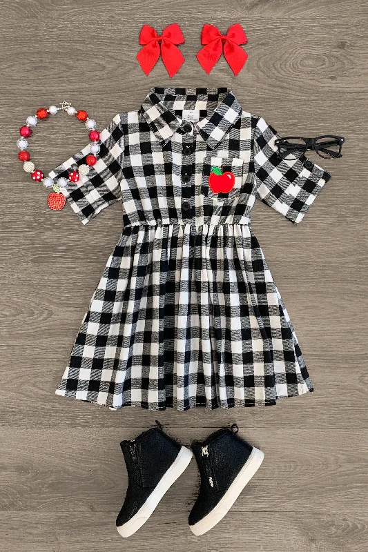 Black & White Apple Buffalo Plaid Collar Dress