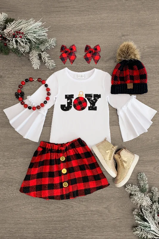 "Joy" White & Plaid Holiday Skirt Set