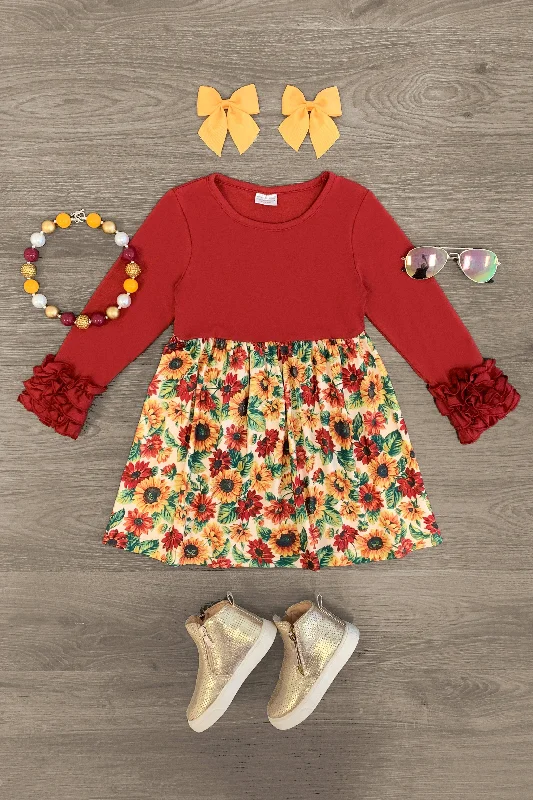 Burgundy Sunflower Ruffle Sleeve Dress