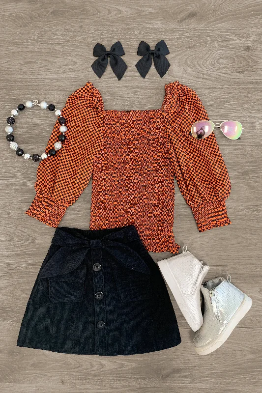 Orange & Black Checkered Shirred Blouse Corduroy Skirt Set